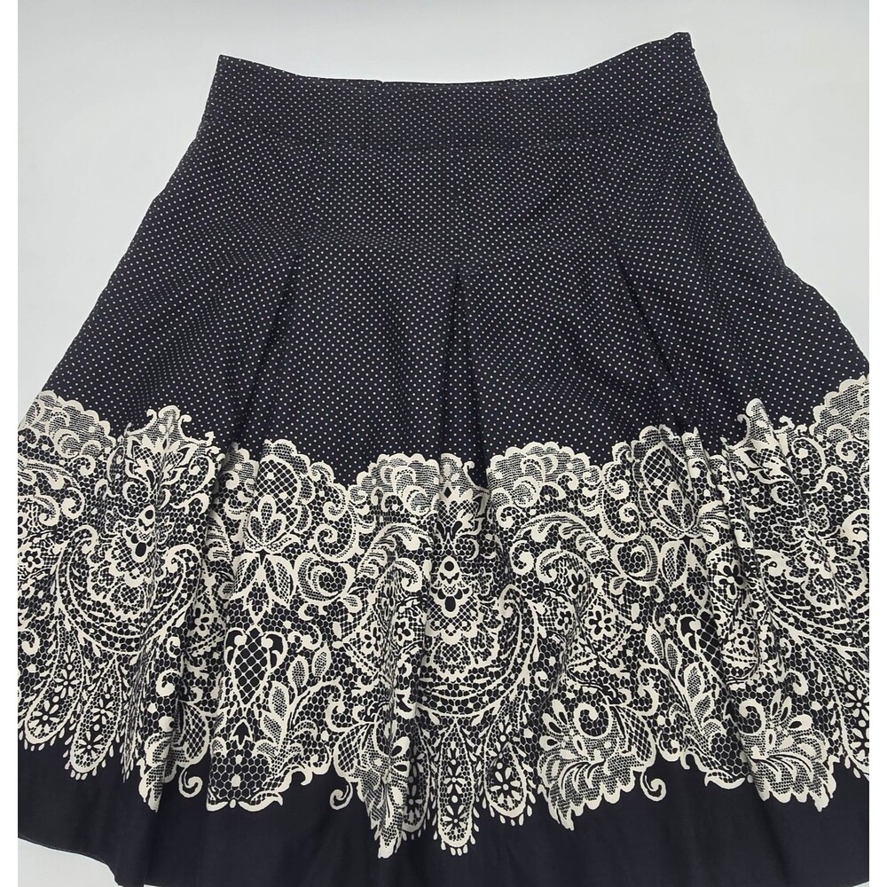 Talbots Petites A-line Skirt Womens 6P Black White Polka Dot Floral Print Pleats